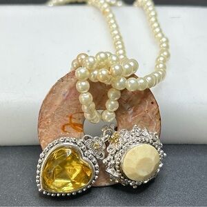 Faux Pearl and Silver Necklace with Yellow Heart Pendant- vintage jewelry